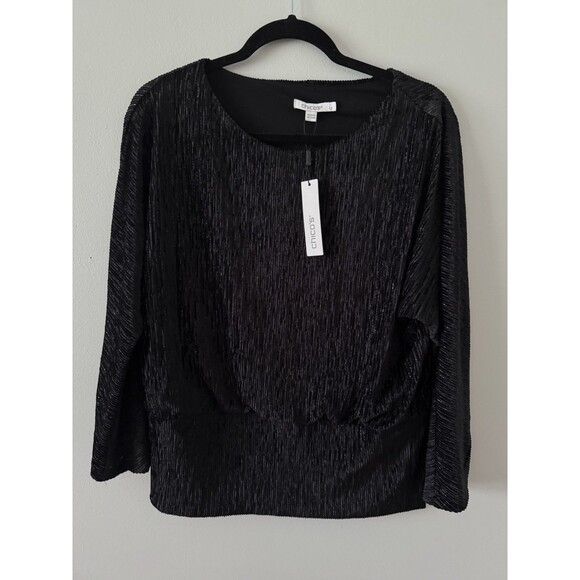 NWT Chico's Black Velvet Crinkle Banded Bottom Top Women's Size 1 - Picture 1 of 7